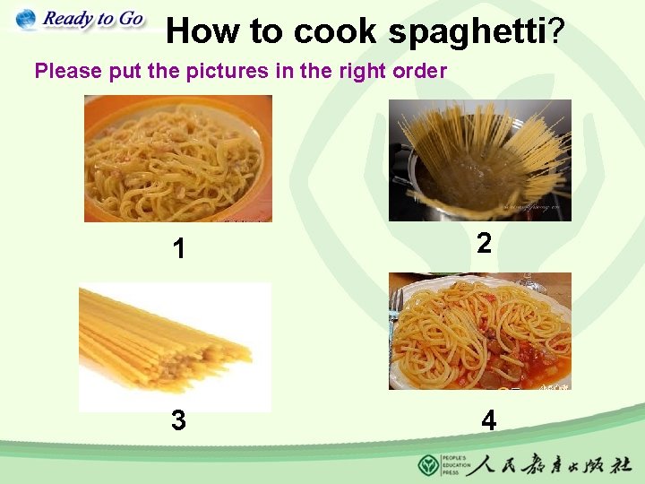 How to cook spaghetti? Please put the pictures in the right order 1 2