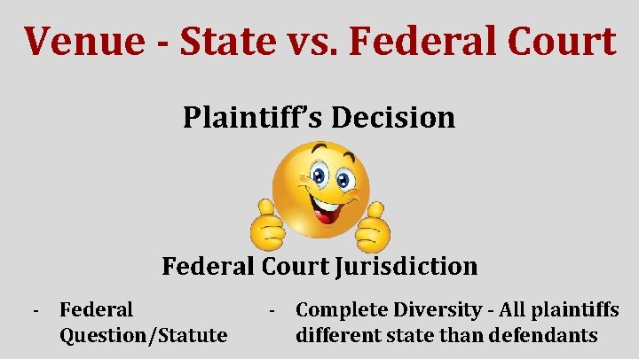 Venue - State vs. Federal Court Plaintiff’s Decision Federal Court Jurisdiction - Federal Question/Statute