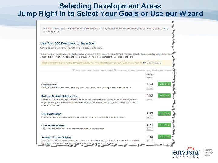 Selecting Development Areas Jump Right in to Select Your Goals or Use our Wizard