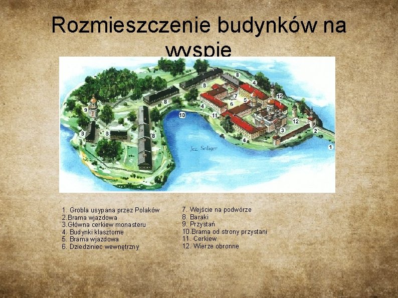 Rozmieszczenie budynków na wyspie 1. Grobla usypana przez Polaków 2. Brama wjazdowa 3. Główna