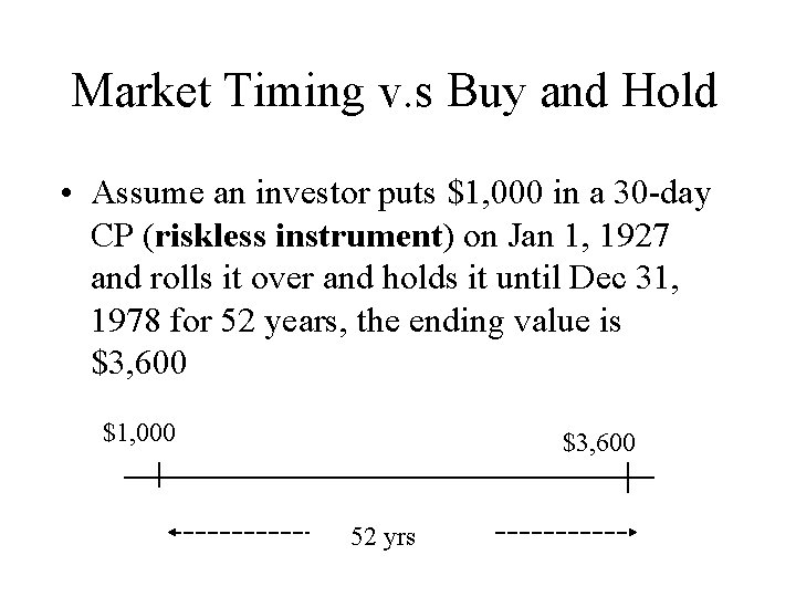 Market Timing v. s Buy and Hold • Assume an investor puts $1, 000