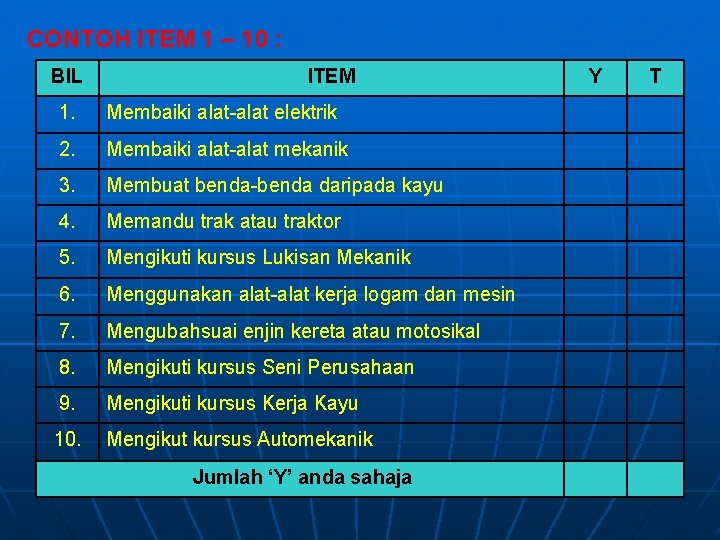 CONTOH ITEM 1 – 10 : BIL ITEM 1. Membaiki alat-alat elektrik 2. Membaiki