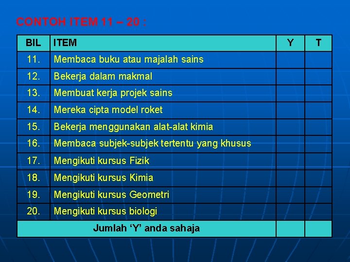 CONTOH ITEM 11 – 20 : BIL ITEM Y 11. Membaca buku atau majalah