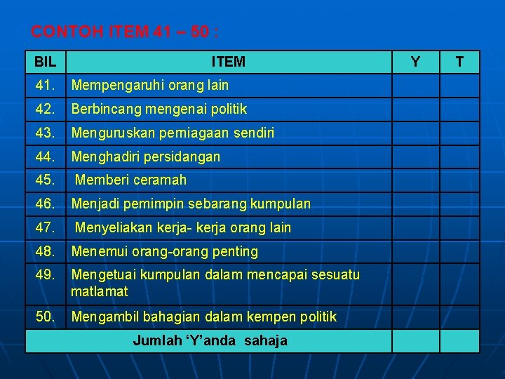 CONTOH ITEM 41 – 50 : BIL ITEM 41. Mempengaruhi orang lain 42. Berbincang