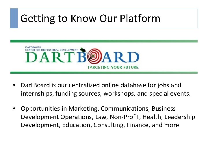 Getting to Know Our Platform • Dart. Board is our centralized online database for