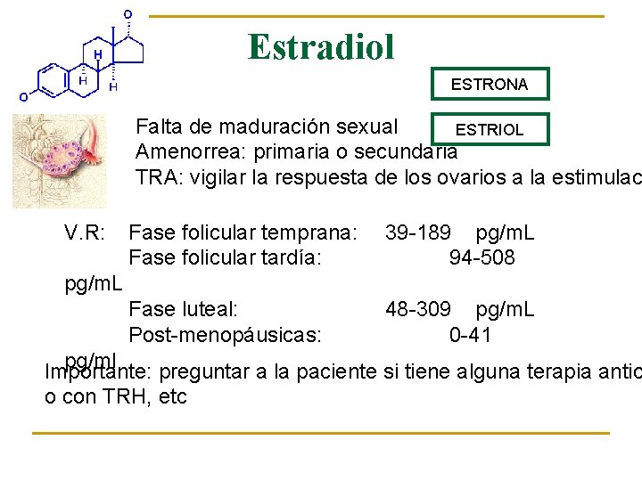 Estradiol ESTRONA Falta de maduración sexual ESTRIOL Amenorrea: primaria o secundaria TRA: vigilar la