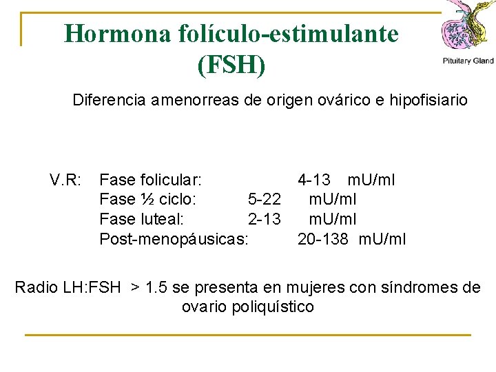 Hormona folículo-estimulante (FSH) Diferencia amenorreas de origen ovárico e hipofisiario V. R: Fase folicular: