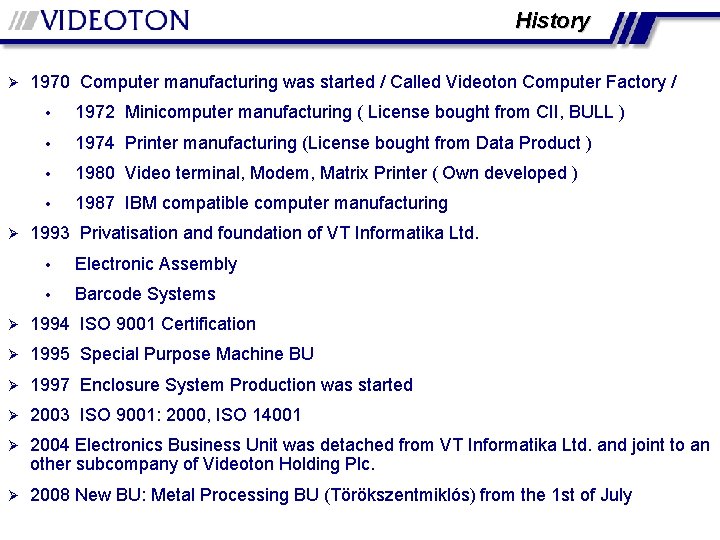 History Ø Ø 1970 Computer manufacturing was started / Called Videoton Computer Factory /