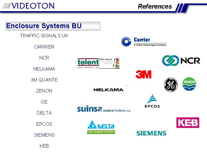 References Enclosure Systems BU TRAFFIC SIGNALS UK CARRIER NCR HELKAMA 3 M QUANTE ZENON