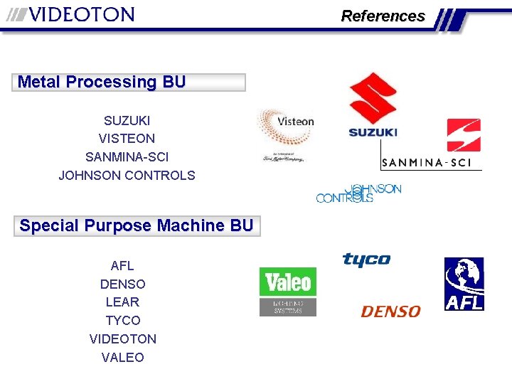 References Metal Processing BU SUZUKI VISTEON SANMINA-SCI JOHNSON CONTROLS Special Purpose Machine BU AFL