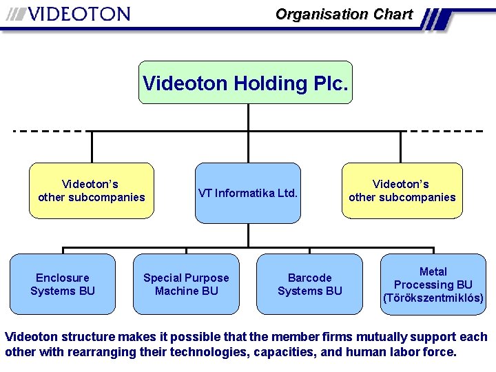 Organisation Chart Videoton Holding Plc. Videoton’s other subcompanies Enclosure Systems BU VT Informatika Ltd.