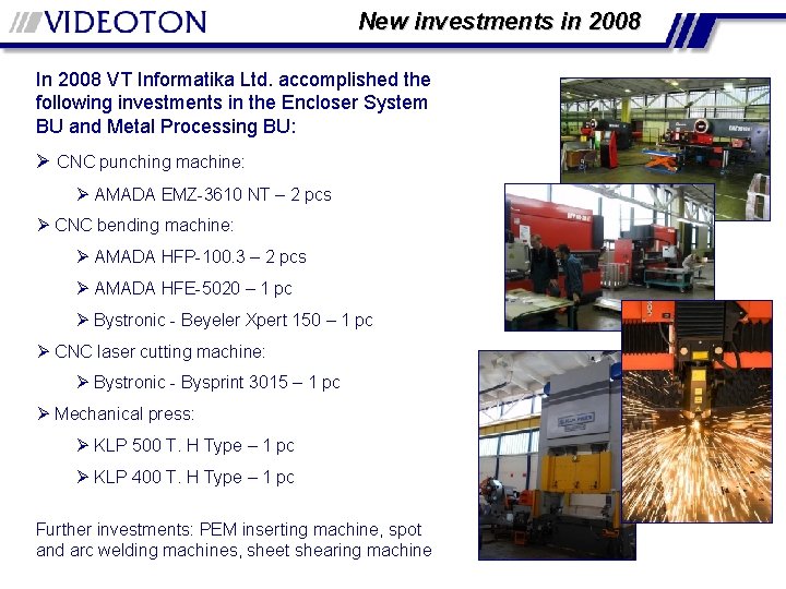 New investments in 2008 In 2008 VT Informatika Ltd. accomplished the following investments in