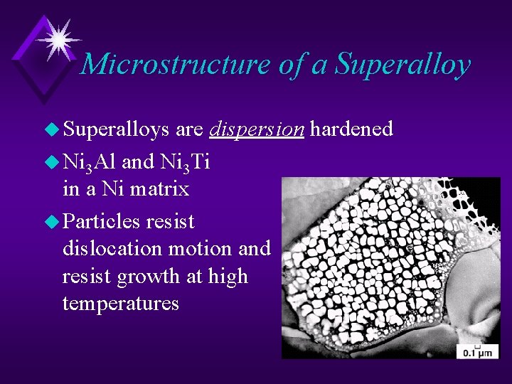 Microstructure of a Superalloy u Superalloys are dispersion hardened u Ni 3 Al and