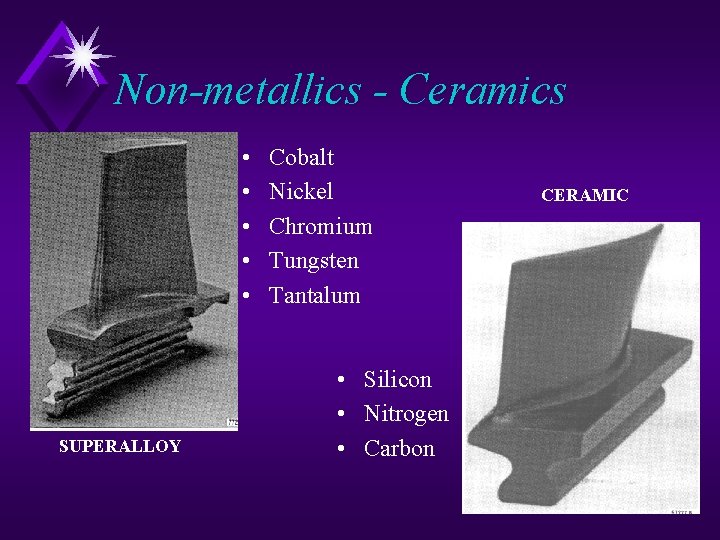 Non-metallics - Ceramics • • • SUPERALLOY Cobalt Nickel Chromium Tungsten Tantalum • Silicon