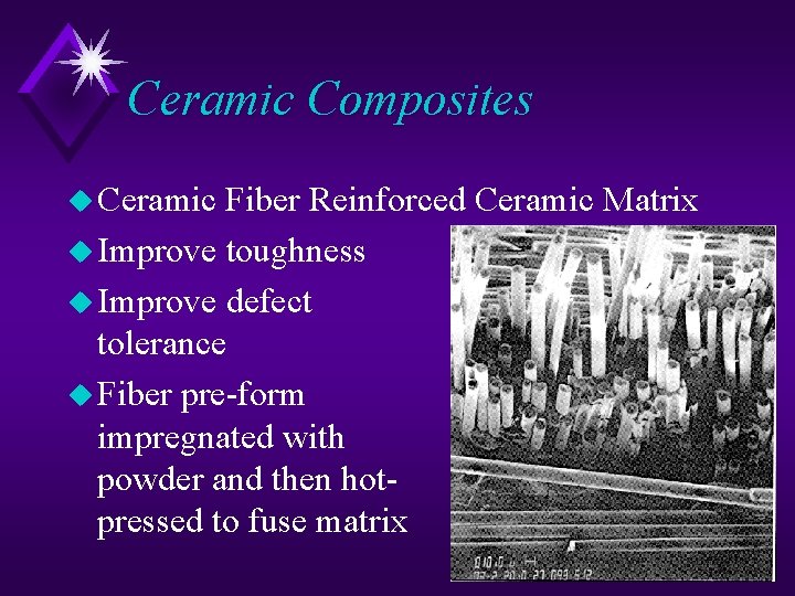 Ceramic Composites u Ceramic Fiber Reinforced Ceramic Matrix u Improve toughness u Improve defect