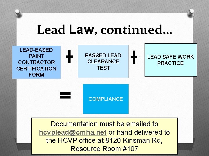 Lead Law, continued… LEAD-BASED PAINT CONTRACTOR CERTIFICATION FORM PASSED LEAD CLEARANCE TEST LEAD SAFE