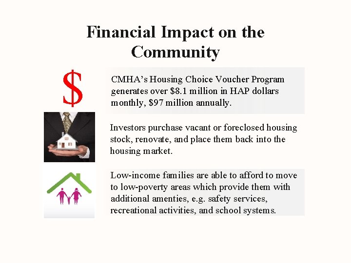 Financial Impact on the Community $ CMHA’s Housing Choice Voucher Program generates over $8.