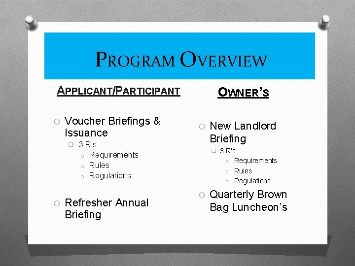 Program PROGRAM Overview OVERVIEW APPLICANT/PARTICIPANT O Voucher Briefings & Issuance q 3 R’s o