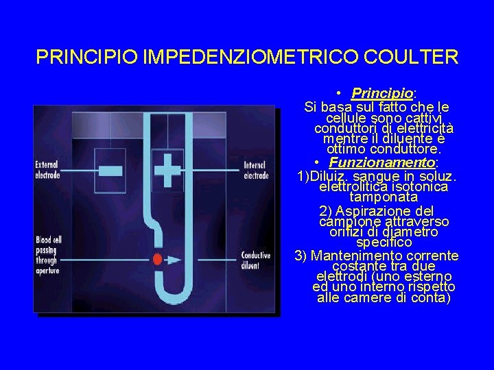 PRINCIPIO IMPEDENZIOMETRICO COULTER • Principio: Si basa sul fatto che le cellule sono cattivi