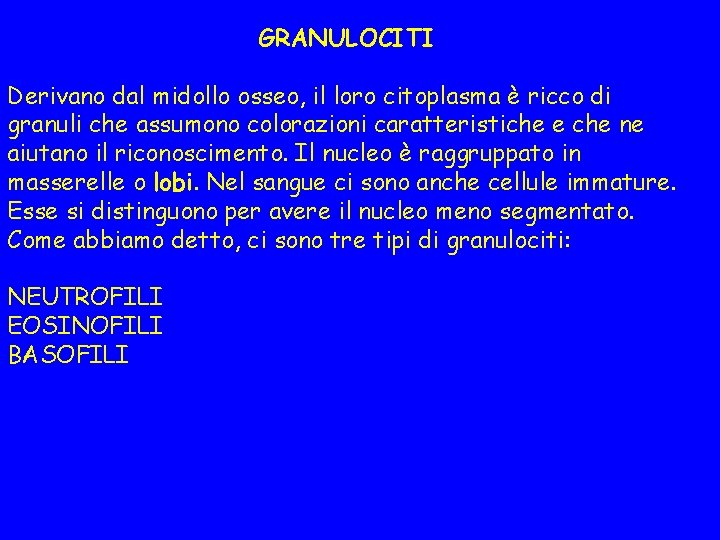 GRANULOCITI Derivano dal midollo osseo, il loro citoplasma è ricco di granuli che assumono