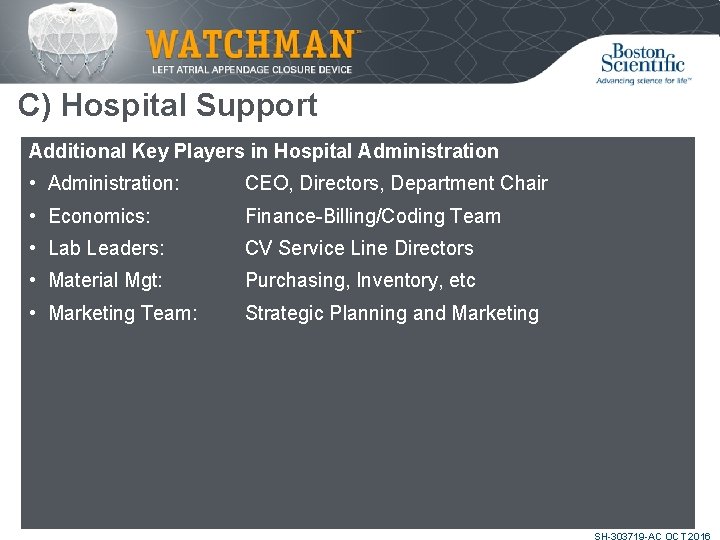 C) Hospital Support Additional Key Players in Hospital Administration • Administration: CEO, Directors, Department