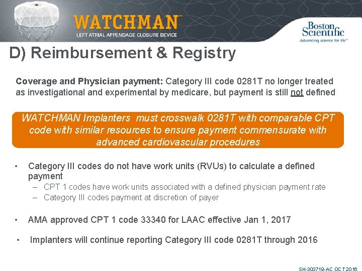 D) Reimbursement & Registry Coverage and Physician payment: Category III code 0281 T no