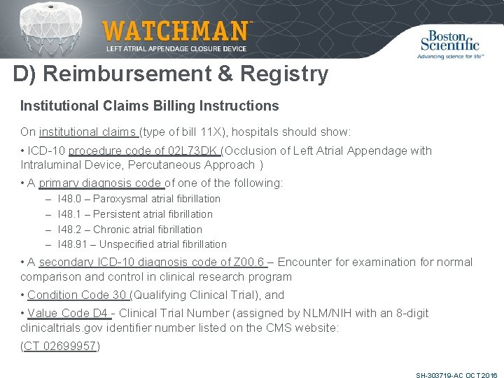 D) Reimbursement & Registry Institutional Claims Billing Instructions On institutional claims (type of bill