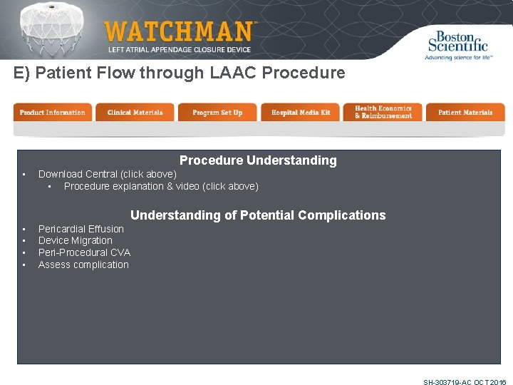 E) Patient Flow through LAAC Procedure Understanding • Download Central (click above) • Procedure