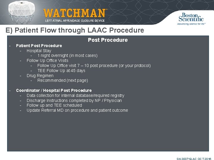 E) Patient Flow through LAAC Procedure Post Procedure - • - Patient Post Procedure