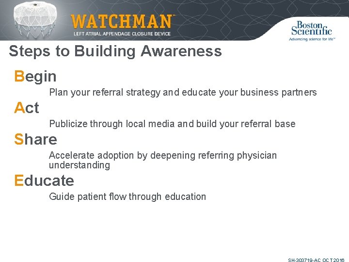 Steps to Building Awareness Begin Plan your referral strategy and educate your business partners