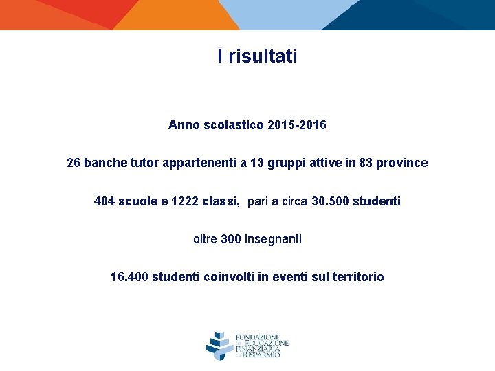 I risultati Anno scolastico 2015 -2016 26 banche tutor appartenenti a 13 gruppi attive