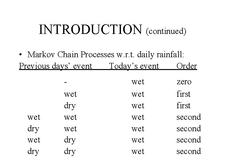 INTRODUCTION (continued) • Markov Chain Processes w. r. t. daily rainfall: Previous days’ event