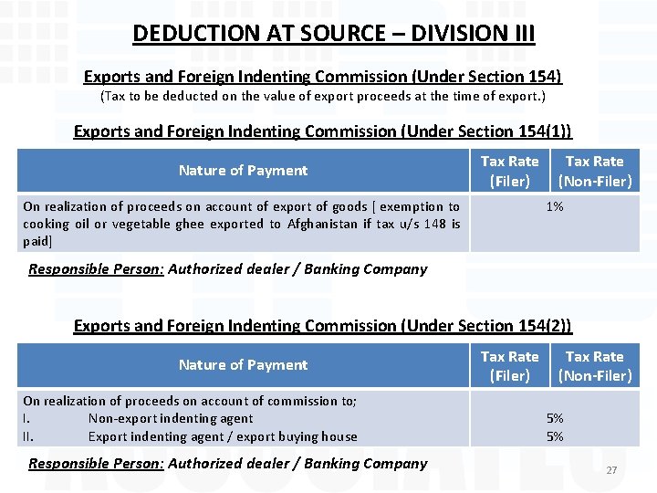 DEDUCTION AT SOURCE – DIVISION III Exports and Foreign Indenting Commission (Under Section 154)