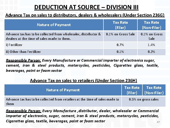 DEDUCTION AT SOURCE – DIVISION III Advance Tax on sales to distributors, dealers &