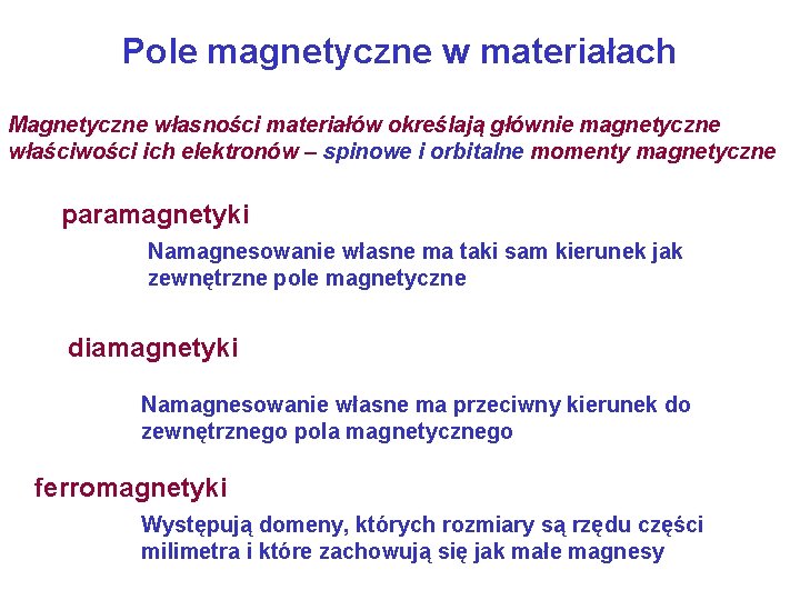 Pole magnetyczne w materiałach Magnetyczne własności materiałów określają głównie magnetyczne właściwości ich elektronów –