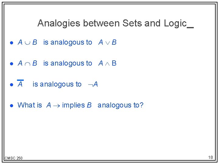 Analogies between Sets and Logic l A B is analogous to A B l