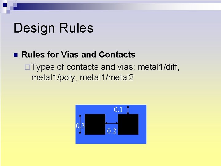 Design Rules for Vias and Contacts ¨ Types of contacts and vias: metal 1/diff, Design Rules for Vias and Contacts ¨ Types of contacts and vias: metal 1/diff,