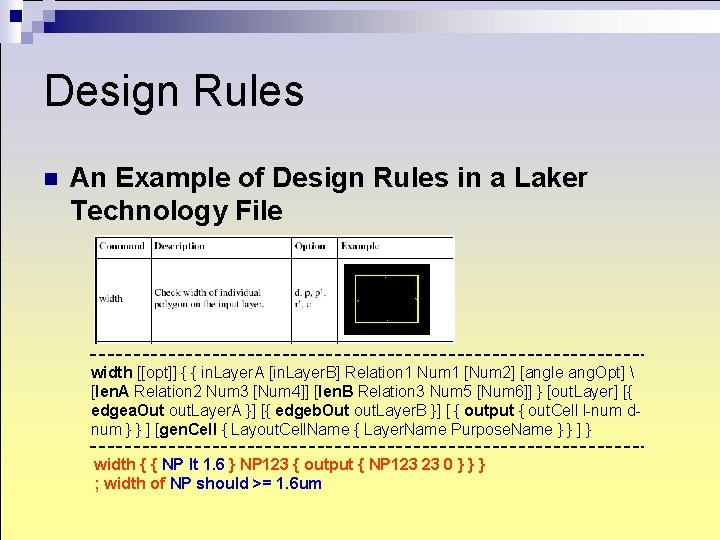 Design Rules n An Example of Design Rules in a Laker Technology File width Design Rules n An Example of Design Rules in a Laker Technology File width