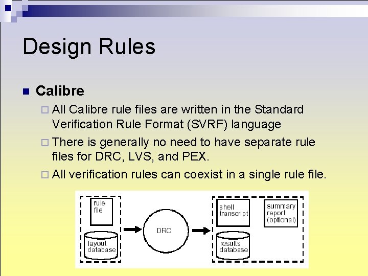 Design Rules n Calibre ¨ All Calibre rule files are written in the Standard Design Rules n Calibre ¨ All Calibre rule files are written in the Standard