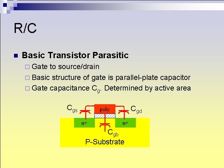 R/C n Basic Transistor Parasitic ¨ Gate to source/drain ¨ Basic structure of gate R/C n Basic Transistor Parasitic ¨ Gate to source/drain ¨ Basic structure of gate