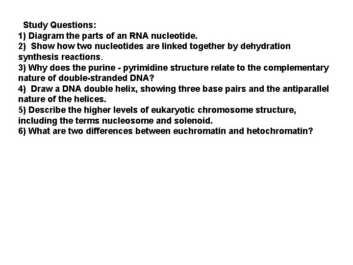  Study Questions: 1) Diagram the parts of an RNA nucleotide. 2) Show two