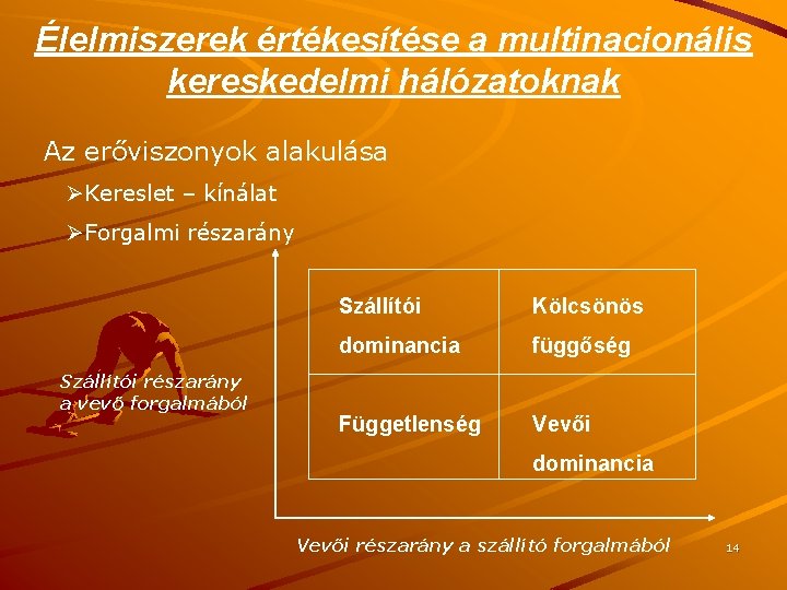 Élelmiszerek értékesítése a multinacionális kereskedelmi hálózatoknak Az erőviszonyok alakulása ØKereslet – kínálat ØForgalmi részarány
