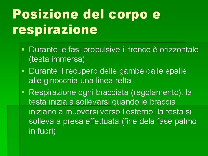 Posizione del corpo e respirazione § Durante le fasi propulsive il tronco è orizzontale