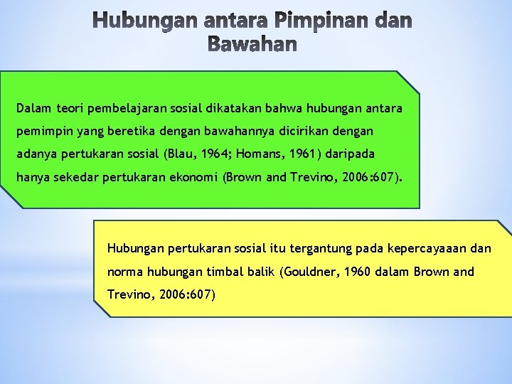 Dalam teori pembelajaran sosial dikatakan bahwa hubungan antara pemimpin yang beretika dengan bawahannya dicirikan