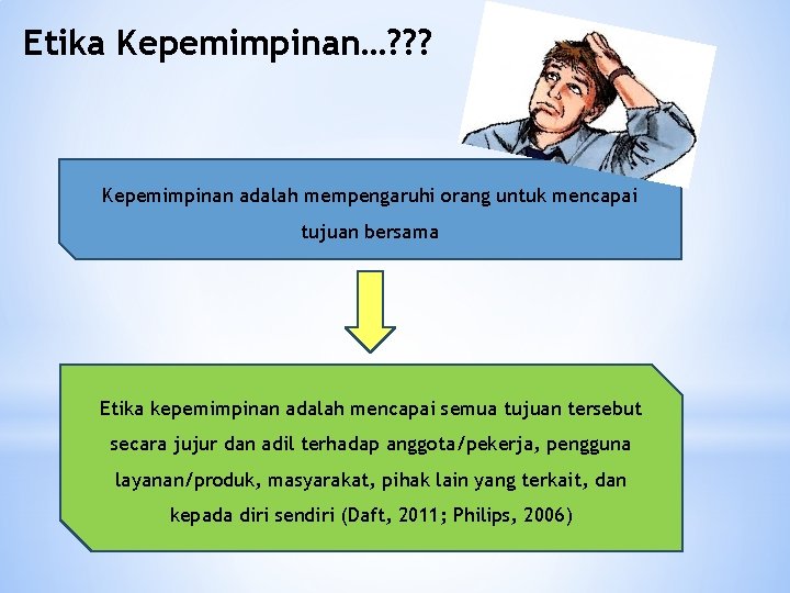 Etika Kepemimpinan…? ? ? Kepemimpinan adalah mempengaruhi orang untuk mencapai tujuan bersama Etika kepemimpinan