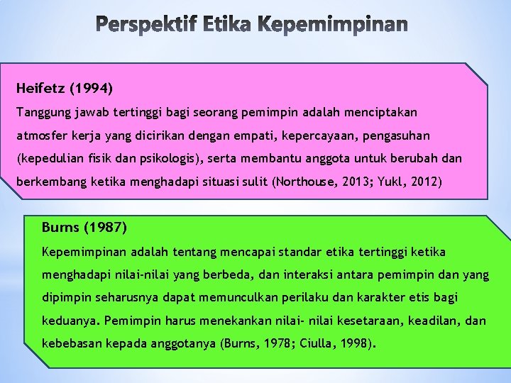 Heifetz (1994) Tanggung jawab tertinggi bagi seorang pemimpin adalah menciptakan atmosfer kerja yang dicirikan