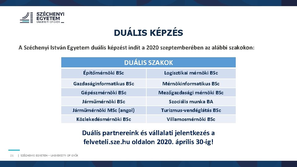 DUÁLIS KÉPZÉS A Széchenyi István Egyetem duális képzést indít a 2020 szeptemberében az alábbi DUÁLIS KÉPZÉS A Széchenyi István Egyetem duális képzést indít a 2020 szeptemberében az alábbi