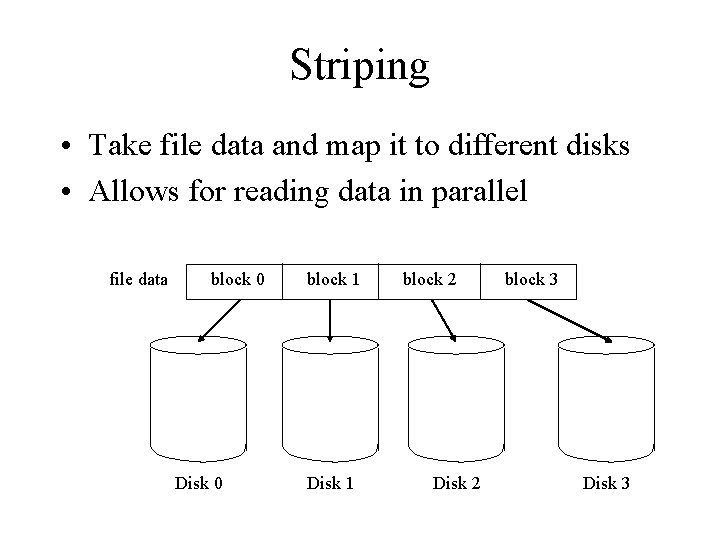 Striping • Take file data and map it to different disks • Allows for Striping • Take file data and map it to different disks • Allows for