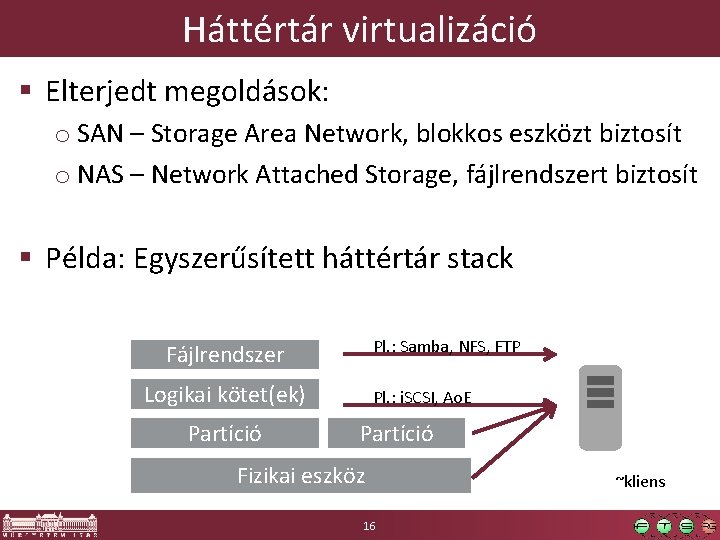 Háttértár virtualizáció § Elterjedt megoldások: o SAN – Storage Area Network, blokkos eszközt biztosít Háttértár virtualizáció § Elterjedt megoldások: o SAN – Storage Area Network, blokkos eszközt biztosít