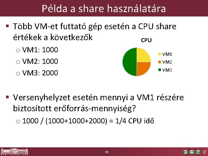 Példa a share használatára § Több VM-et futtató gép esetén a CPU share értékek Példa a share használatára § Több VM-et futtató gép esetén a CPU share értékek